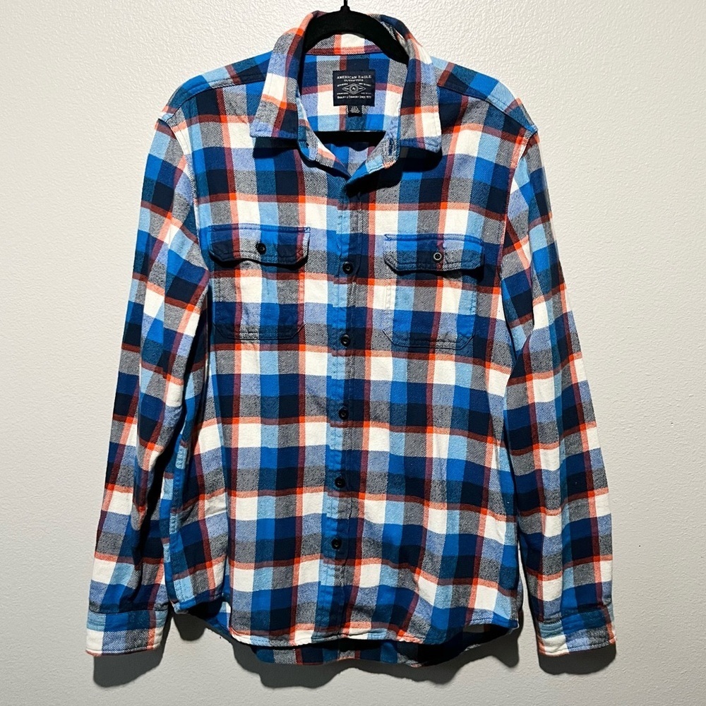 AMERICAN EAGLE- Plaid Colorful Blue Orange White Button Down Size L